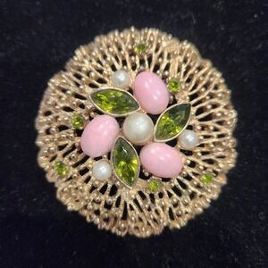 Vintage Sarah Coventry Brooch Green‎ Rhinestone Pink Egg Fashion Splendor Pin